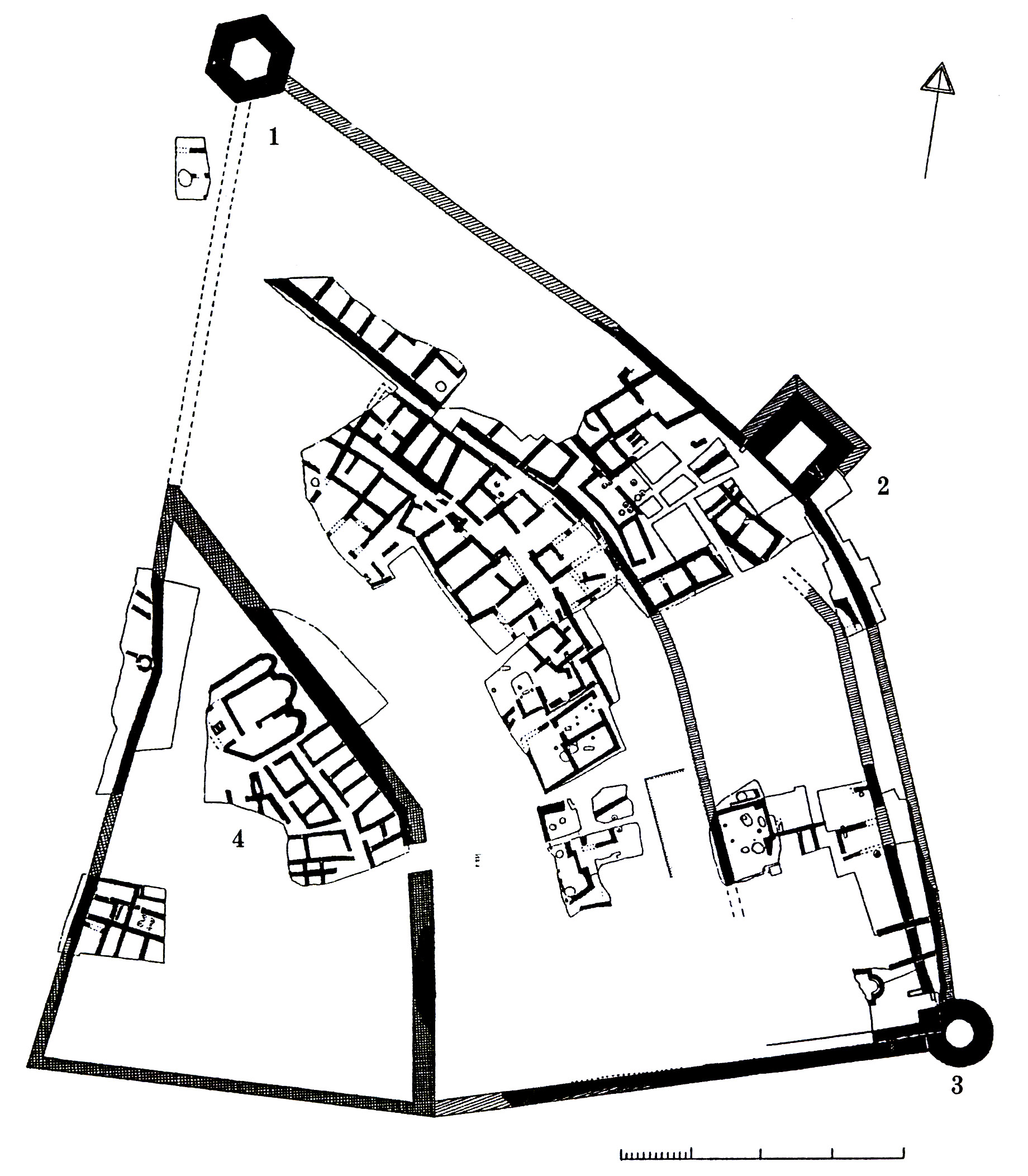 Рис. 1. План крепости Алустон: 1 - башня Чатал-Куле («Рогатая»); 2 - башня Орта-Куле («Средняя»); 3 - башня Ашага-Куле («Нижняя»); 4 - цитадель.