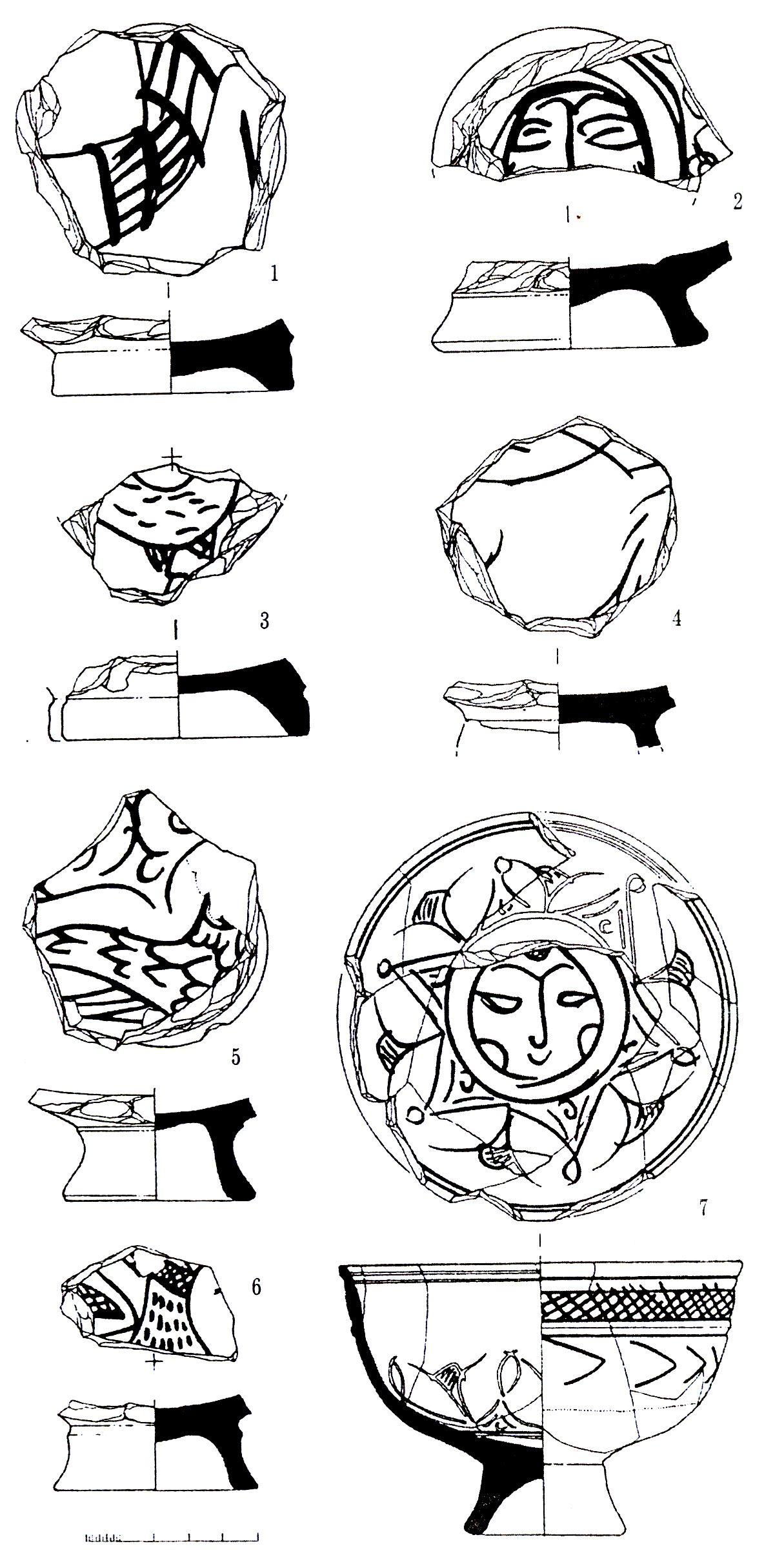 Рис. 15. Поливные чаши с изображением птиц (1, 3, 4, 5,6) и «солнечными ликами» (2, 7).