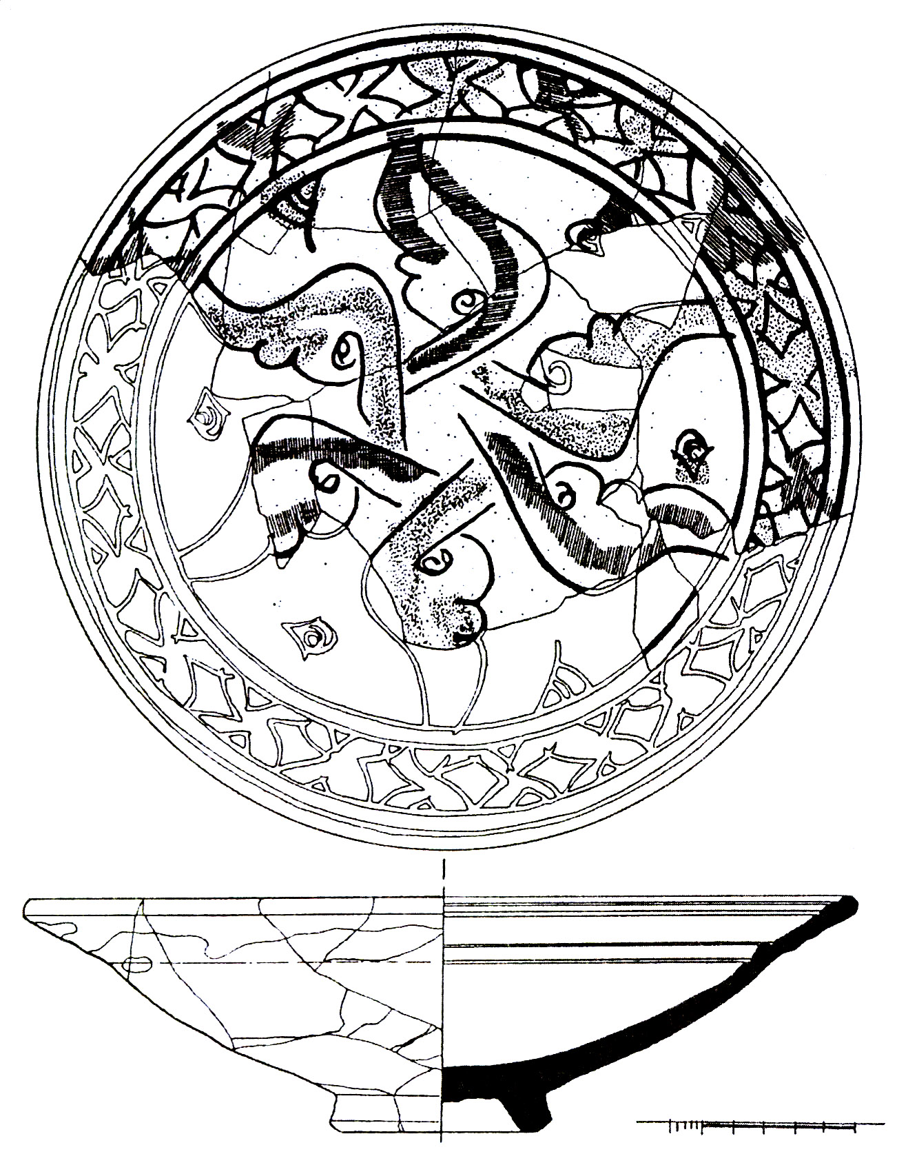Рис. 31. Полихромное поливное блюдо из слоя пожара 1475 г. башни Орта-Куле