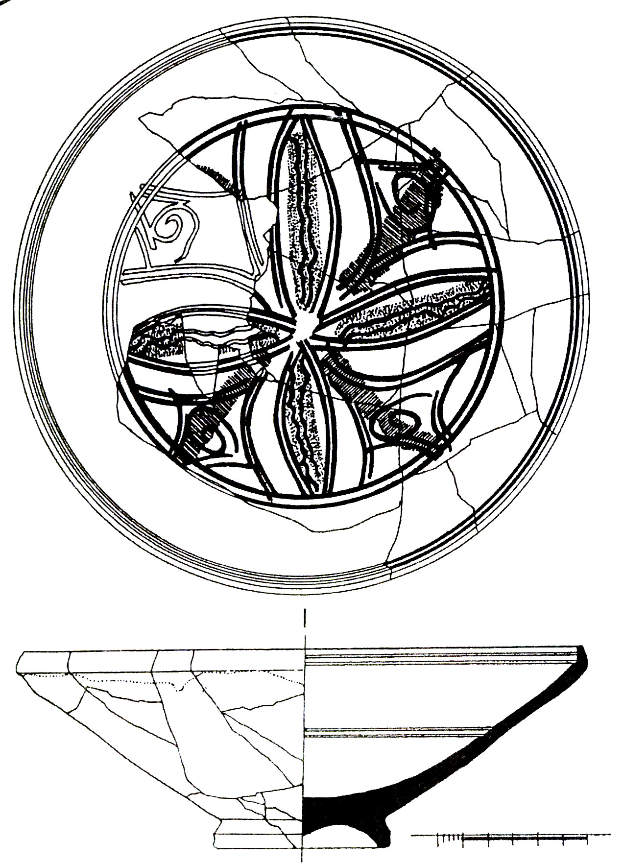 Рис. 33. Красноглиняная поливная тарелка из слоя заполнения (гл. 2,2 м) башни Орта-Куле.