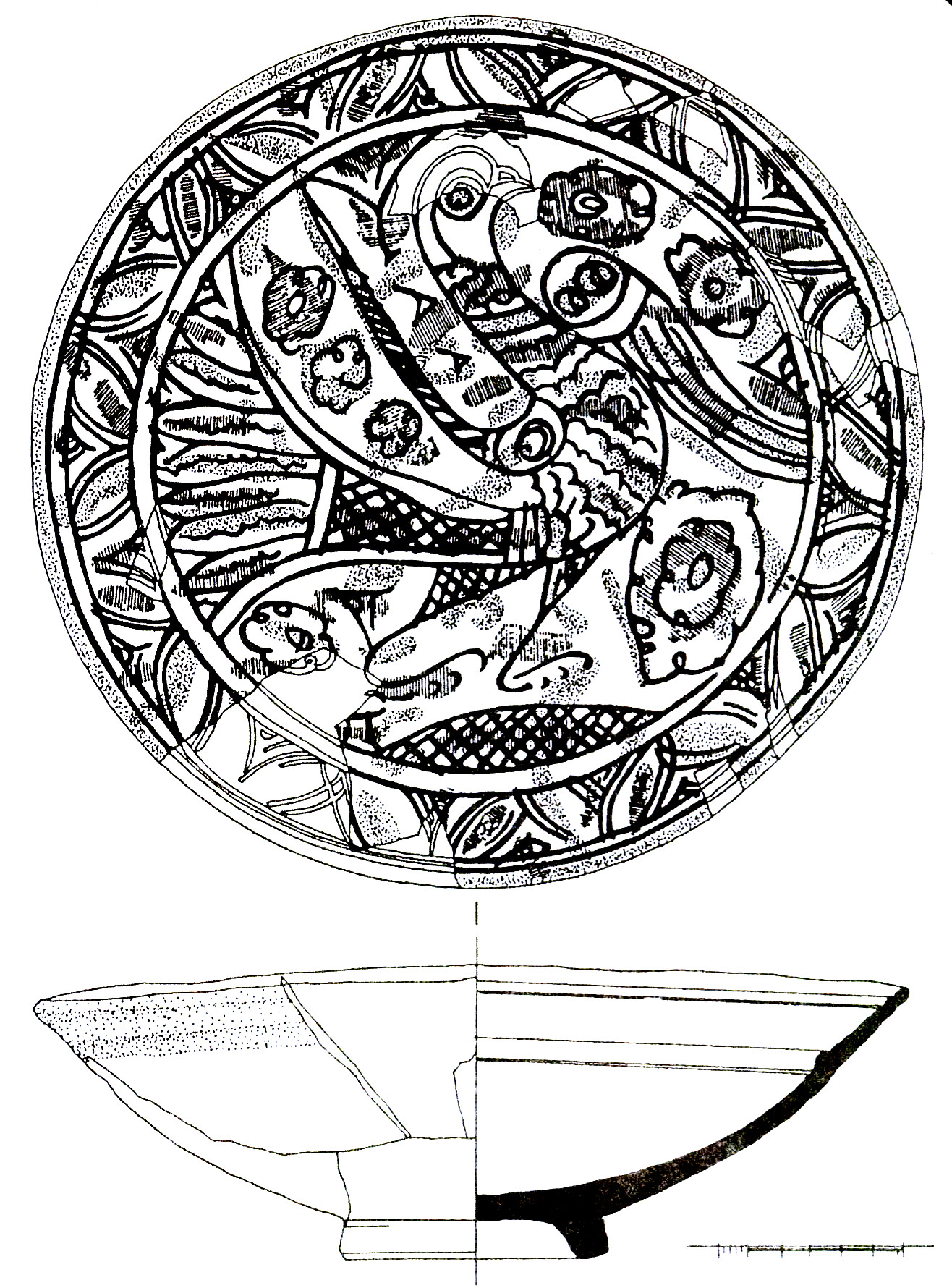 Рис. 34. Красноглиняное поливное блюдо из слоя пожара 1475 г. в башне Орта-Куле.