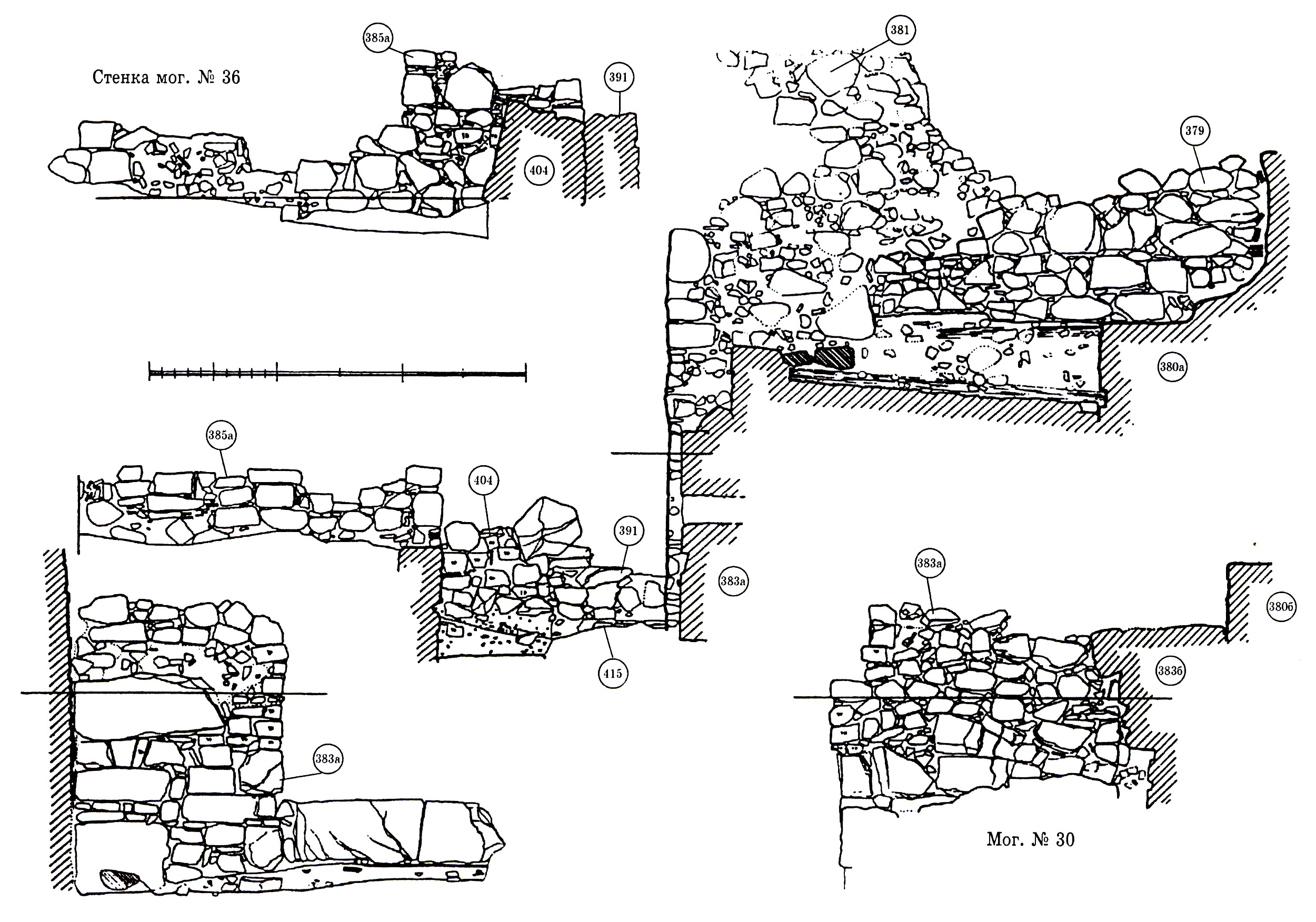 Рис. 38. Фасировки стен участка раскопок у башни Ашага-Куле.