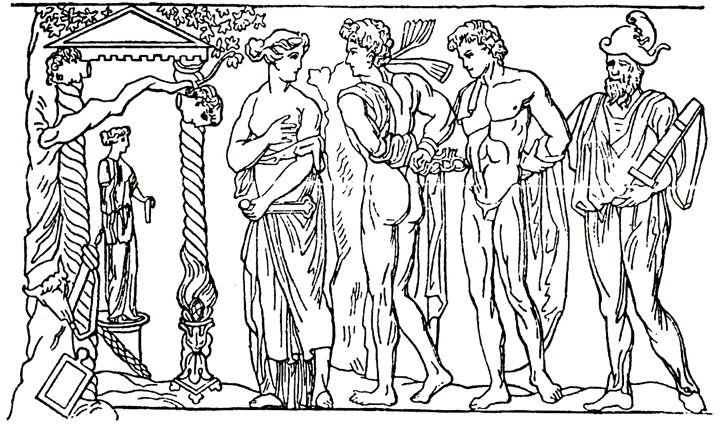 Ифигения ведет Ореста и Пилада в храм Артемиды (барельеф II в. н. э.)